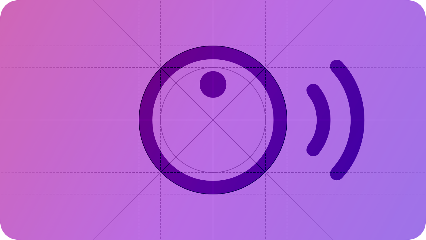 A sketch of curved lines beside a circular area containing a smaller circle, suggesting audio approaching a person in a room from a specific direction. The image is overlaid with rectangular and circular grid lines and is tinted purple to subtly reflect the purple in the original six-color Apple logo.
