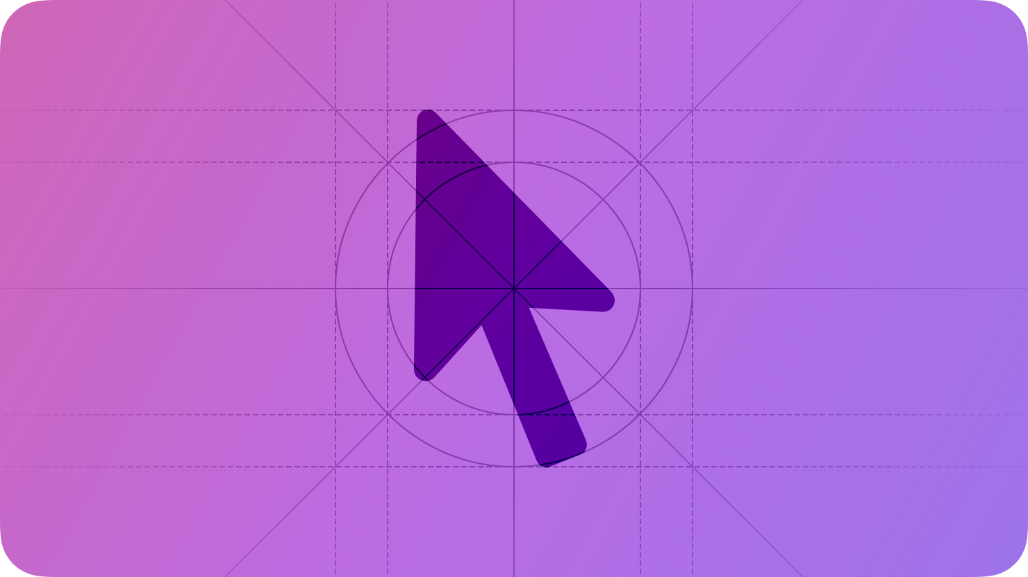 A sketch of an arrow-shaped pointer, suggesting use of a mouse or trackpad. The image is overlaid with rectangular and circular grid lines and is tinted purple to subtly reflect the purple in the original six-color Apple logo.