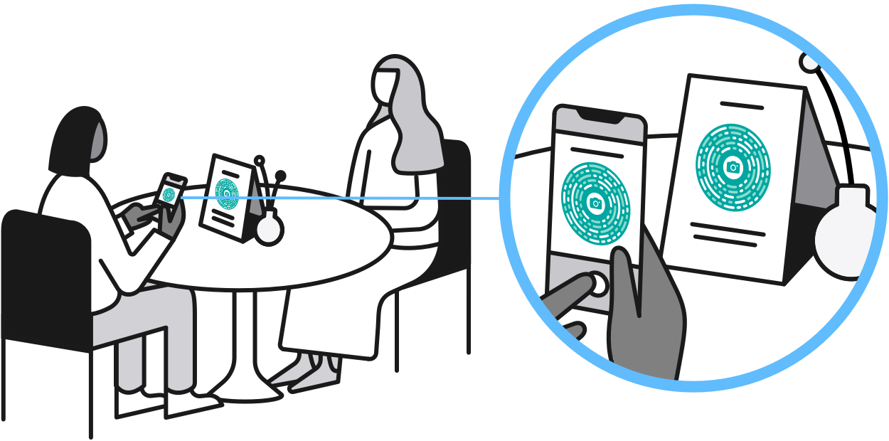 An illustration that shows how a person uses an App Clip Code on a table at a coffee shop. The left side of the illustration shows two people sitting at a table. A placard in the middle of the table contains an App Clip Code. The person on the left is using their camera to scan the App Clip Code. The right side of the illustration shows a zoomed-in version of the person's phone screen and the placard on the table.