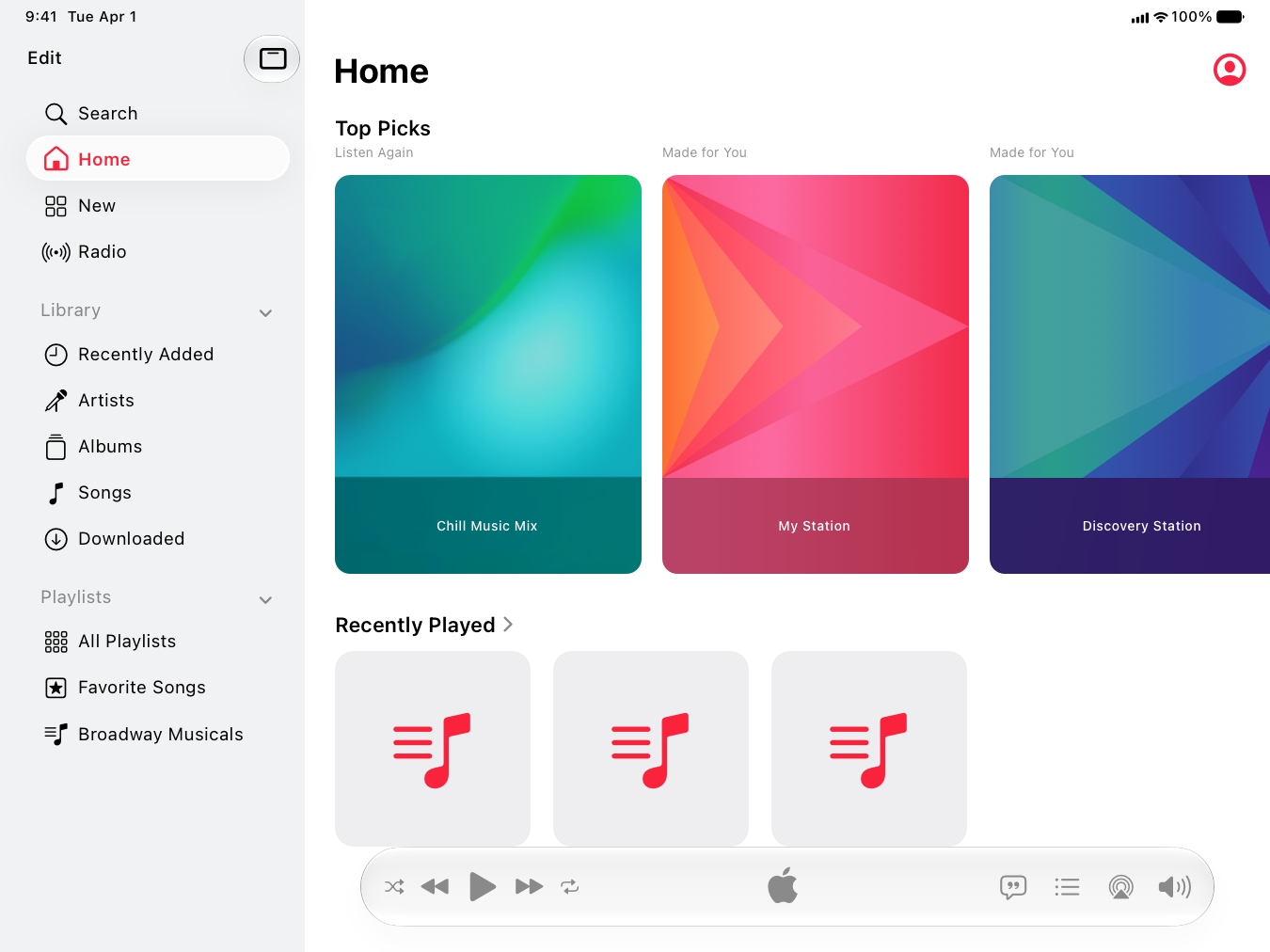 A screenshot showing the Music app on iPad with the tab bar converted to a sidebar on the leading edge of the screen.
