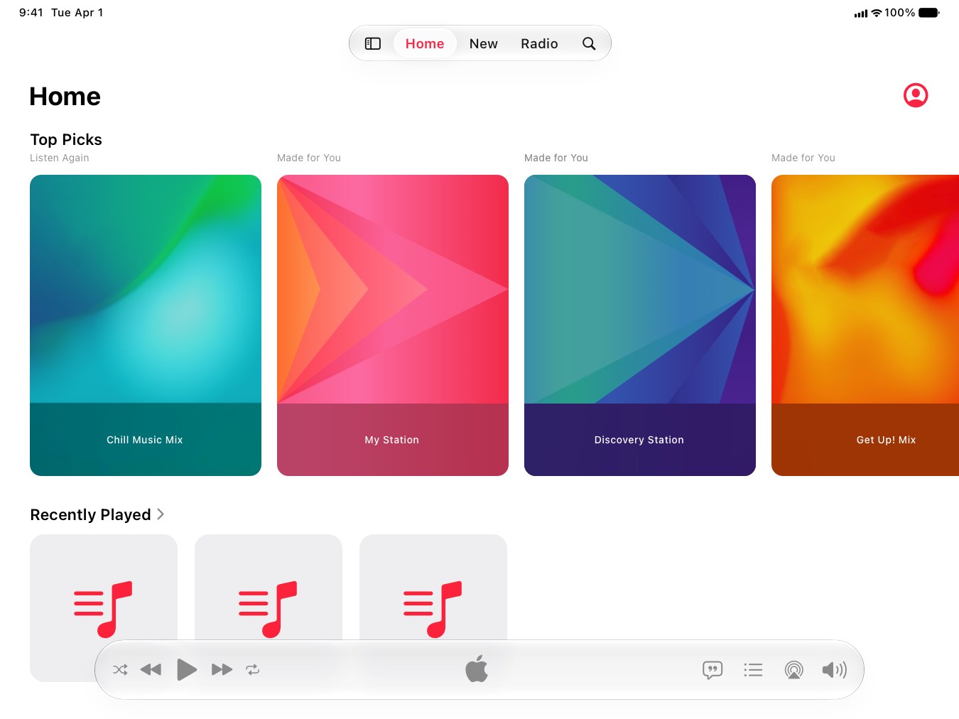 A screenshot showing the Music app on iPad with the tab bar near the top of the screen.