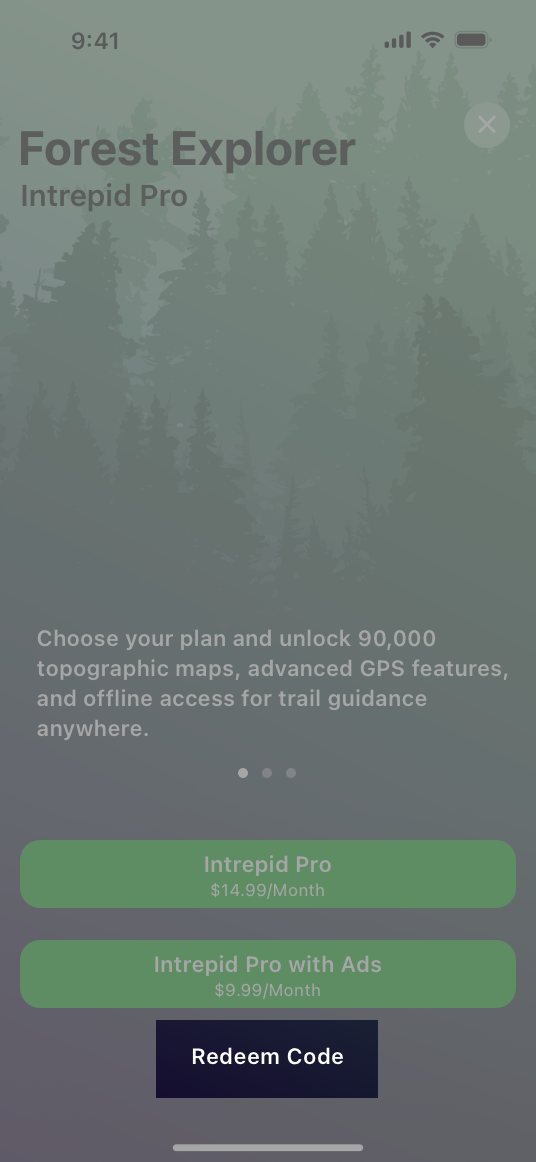 A screenshot of the Forest Explorer app’s subscription sign-up page on iPhone. The Redeem Code button is highlighted out of the three subscription buttons.