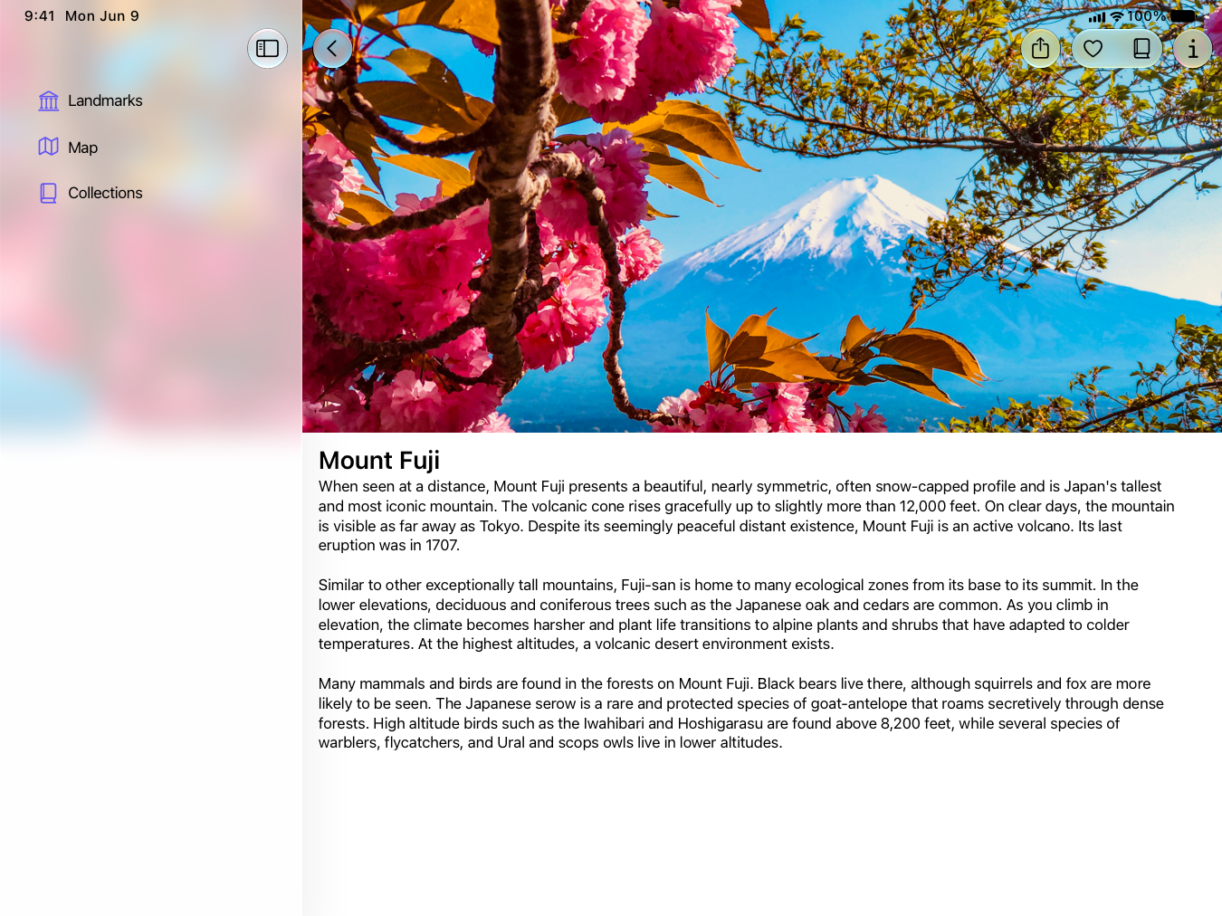 A screenshot of a full screen iPad app with a sidebar on the leading edge. A photo of Mount Fuji fills the top half of the content area. The photo subtly blurs as it reaches the top of the screen, where toolbar items float above it grouped on the trailing edge. Where the photo meets the sidebar, the image flips, blurs, and extends fully beneath the sidebar to the edge of the screen.