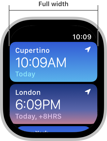 An illustration of the Workout app’s main list of workouts on Apple Watch. A callout indicates that the currently focused workout item spans the full width of the available screen area.