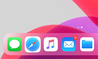 A video snippet showing the left end of the Dock in front of the Home Screen. From the left, the visible app icons are Messages, Safari, Music, Mail, and Files. As the pointer moves across the first three icons from the left, it disappears beneath each icon in turn, lifting it slightly and letting it return to its original position before moving to the next icon.