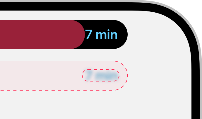 An illustration that shows a Live Activity with blurred text that's close to the edge of the Dynamic Island without poking into the rounded shape of the Dynamic Island.