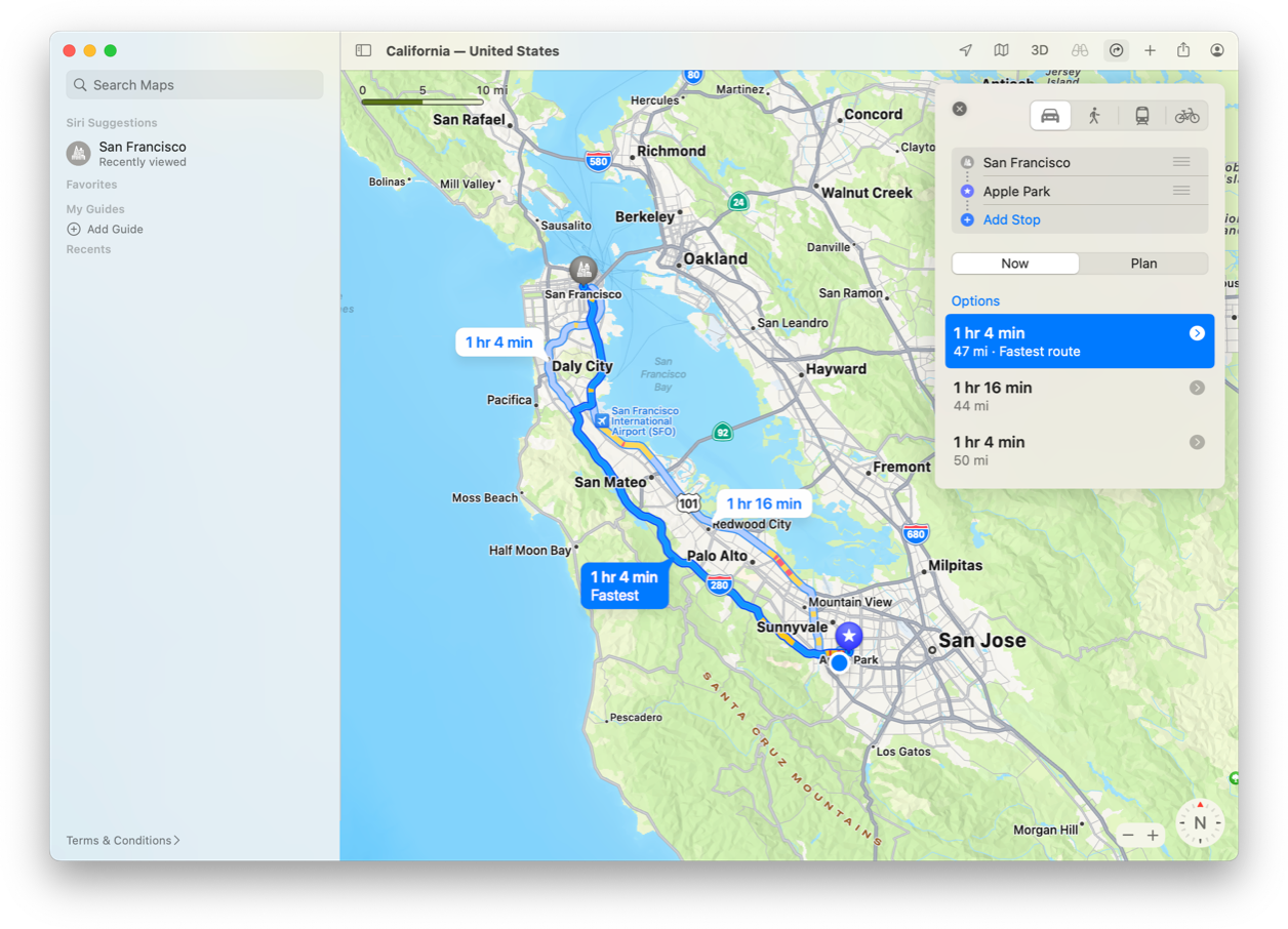 A screenshot of the Maps app on Mac, displaying the San Francisco Bay Area. The map shows three different routes between San Francisco and Apple Park.