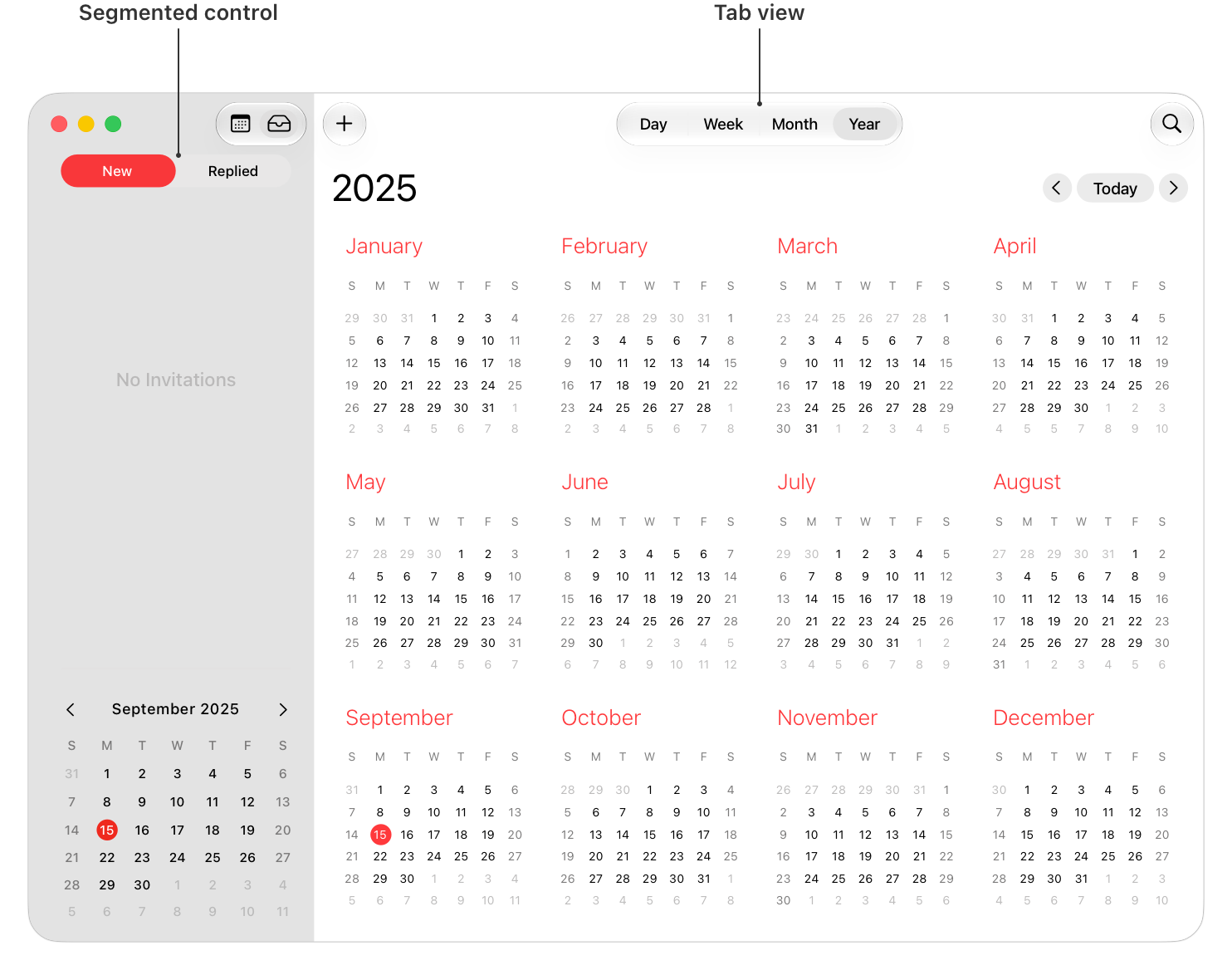 A screenshot of the macOS Calendar app. The main window area shows a tab view that contains four tabs: Day, Week, Month, and Year. The sidebar shows a segmented control that contains two segments: New and Replied.