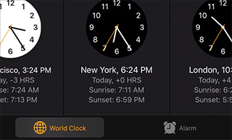A video snippet showing an area at the bottom of Clock. The World Clock tab is selected and clock images and information for San Francisco, New York, and London are partially visible in the window. As the pointer moves in the tab bar, its highlighted rounded rectangle appearance seems to show a slight resistance as it slides from the World Clock tab to the Alarm tab and back again.