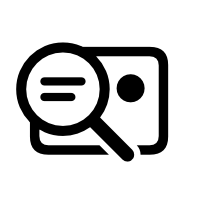 A rounded rectangle that contains a black dot in the top-right corner. The outline of a magnifying glass that contains a stack of two left-aligned lines is on top of the rectangle and to the left of the dot, slanted at about 135 degrees.