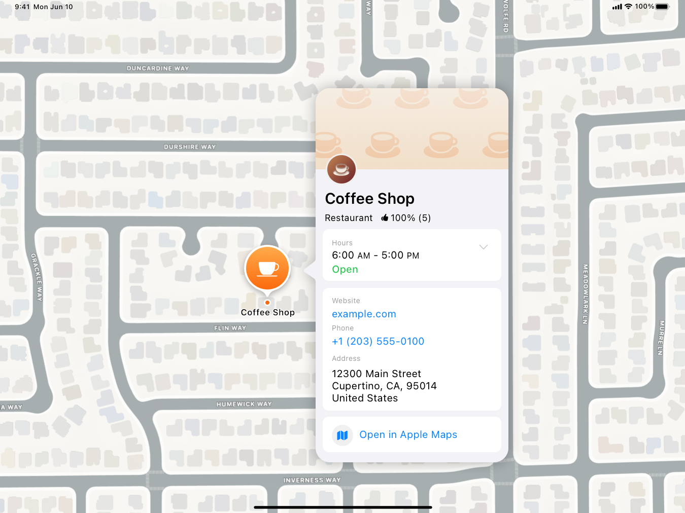 A screenshot of the full callout style place card in a map on iPad. The top of the place card contains a header image and the place name, category, and rating. The place card also includes a tile with operating hours; a tile with the website, phone number, and address; and a tile with an 'Open in Apple Maps' link.