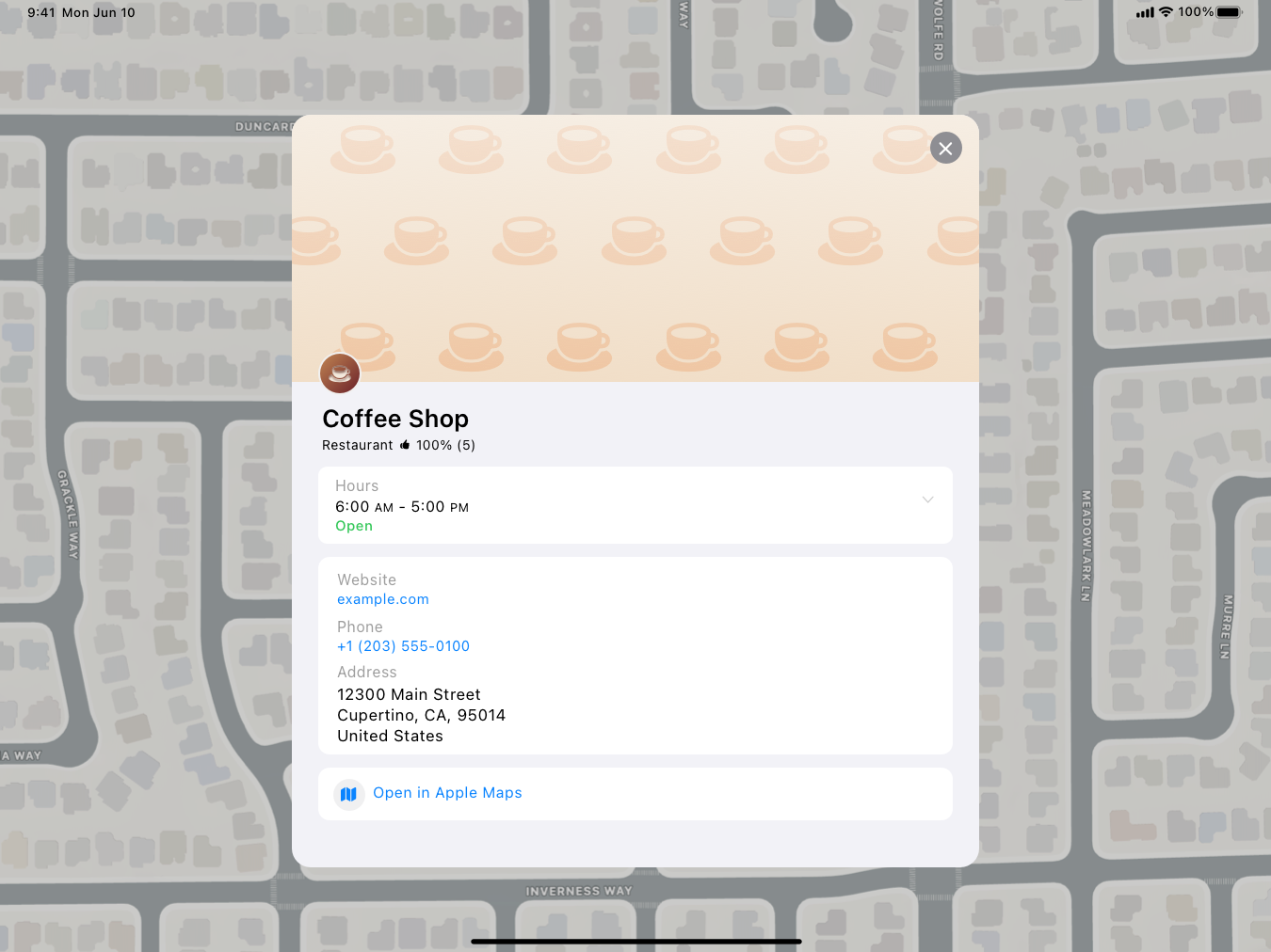 A screenshot of the sheet style place card in a map on iPad, which appears on top of the map view. The top of the place card contains a header image and the place name, category, and rating. The place card also includes a tile with operating hours; a tile with the website, phone number, and address; and a tile with an 'Open in Apple Maps' link.