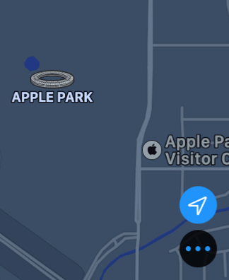 A screenshot of a map on Apple Watch, displaying Apple Park and some of the surrounding area.