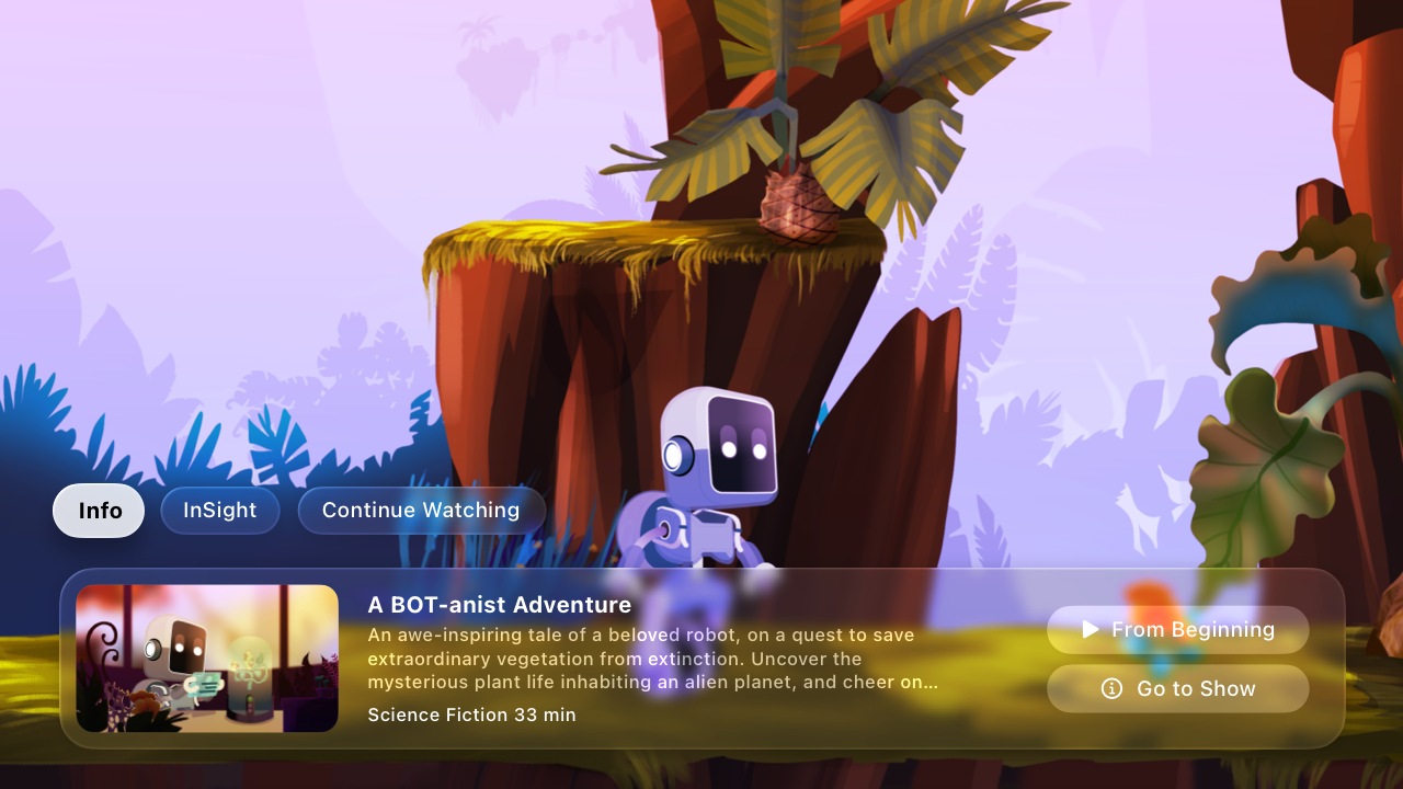 A screenshot of the Destination Video app running in tvOS. The app shows a screen with details about a video called A BOT-anist Adventure. The background is a colorful image of the main character in a scene from the video. The interface elements floating above the background adopt a Liquid Glass appearance to allow background color to show through and create a more immersive media experience.