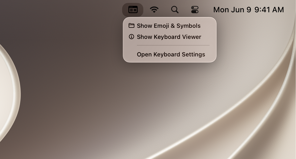 A screenshot of the Input menu bar extra and its menu.