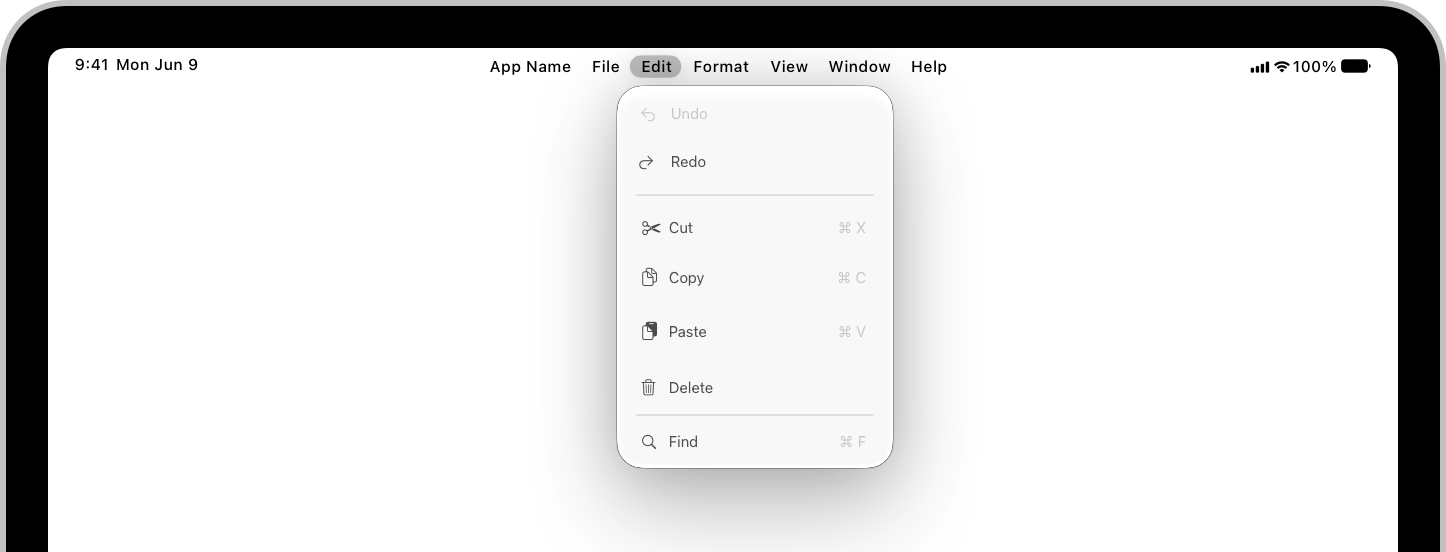 An illustration of an app window on iPad, with its menu bar appearing at the top of the screen and the Edit menu open.
