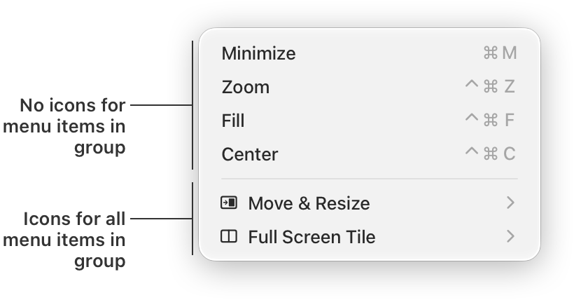An illustration of a menu containing two groups. The top group contains four items, and none of them have a corresponding icon. The bottom group contains two items, and each of them have an icon.