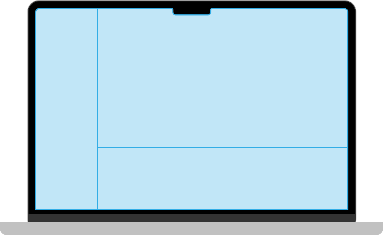 An illustration of a laptop screen divided into three panes, split both vertically and horizontally.