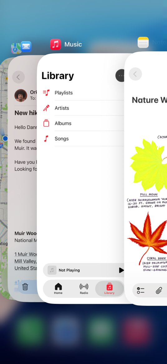 A screenshot of the app switcher on iPhone, showing four open apps.