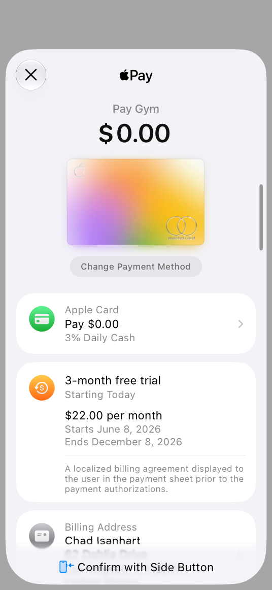 A screenshot of an in-app Apple Pay payment sheet for a fixed subscription that doesn’t require payment until after a three-month trial. The total shows a zero dollar amount.