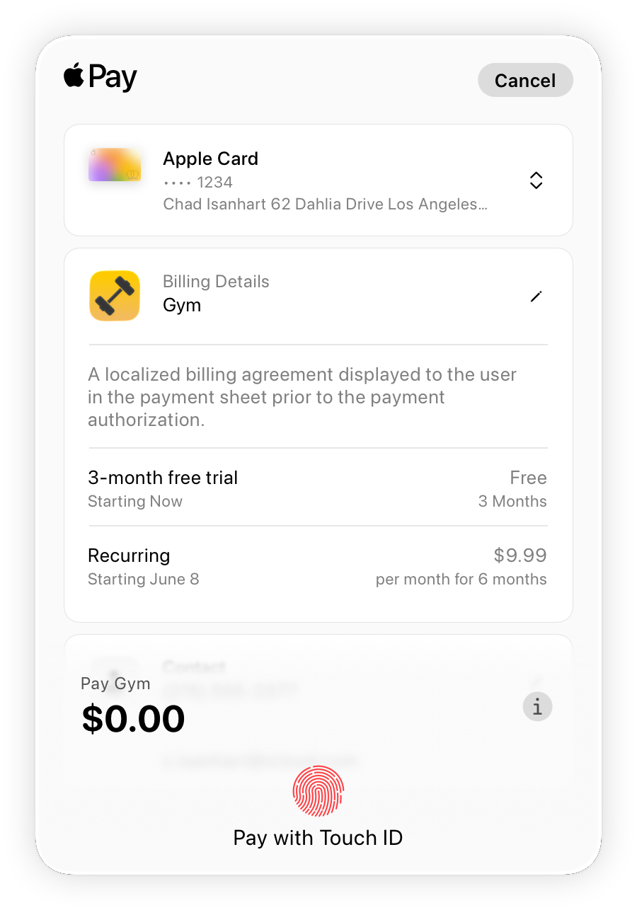A screenshot of a webpage Apple Pay payment sheet for a fixed subscription that doesn’t require payment until after a three-month trial. The total shows a zero dollar amount.