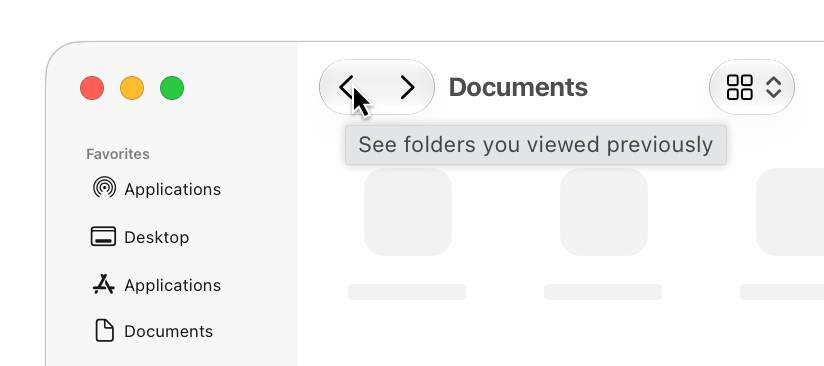 An illustration of a toolbar in macOS Finder with the pointer over the Back button. A tooltip with the title See folders you viewed previously appears beneath the pointer.
