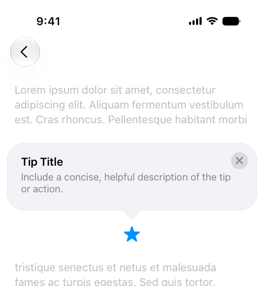 An illustration of an annotation-style tip on iPhone. The tip is embedded among the surrounding content, and points to a feature depicted by a blue star icon. Displaced text appears above and below the tip.
