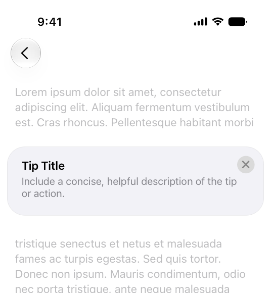 An illustration of an hint-style tip on iPhone. The tip is embedded among the surrounding content. Displaced text appears above and below the tip.