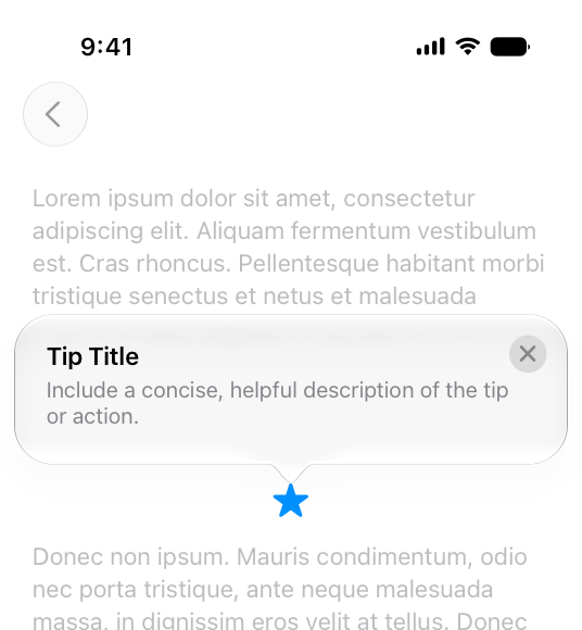 An illustration of a popover-style tip on iPhone. The tip appears atop nearby content, and points to a feature depicted by a blue star icon. The content beneath the tip is obscured.