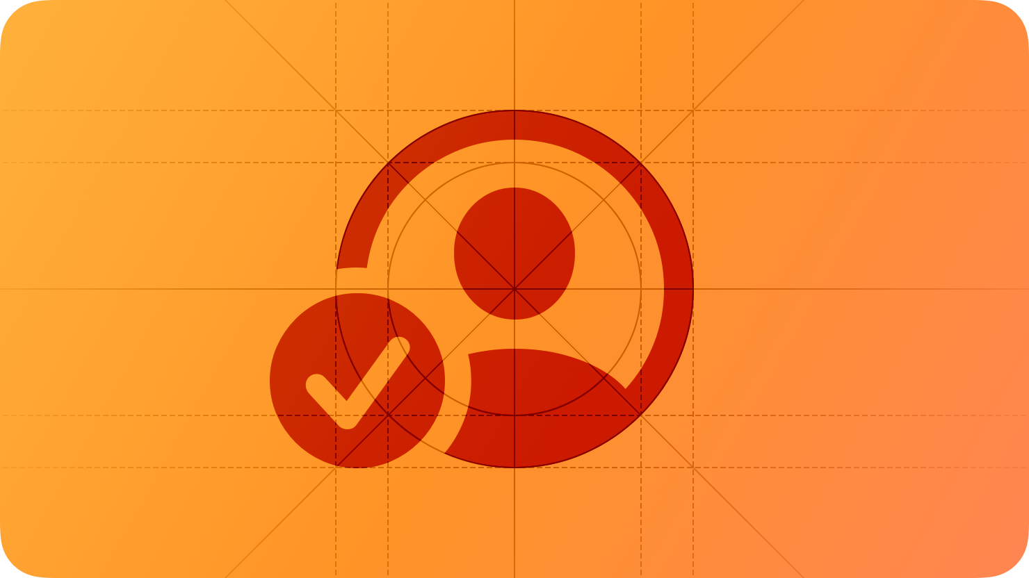 A sketch of a person with an overlapping checkmark, suggesting effective collaboration. The image is overlaid with rectangular and circular grid lines and is tinted orange to subtly reflect the orange in the original six-color Apple logo.