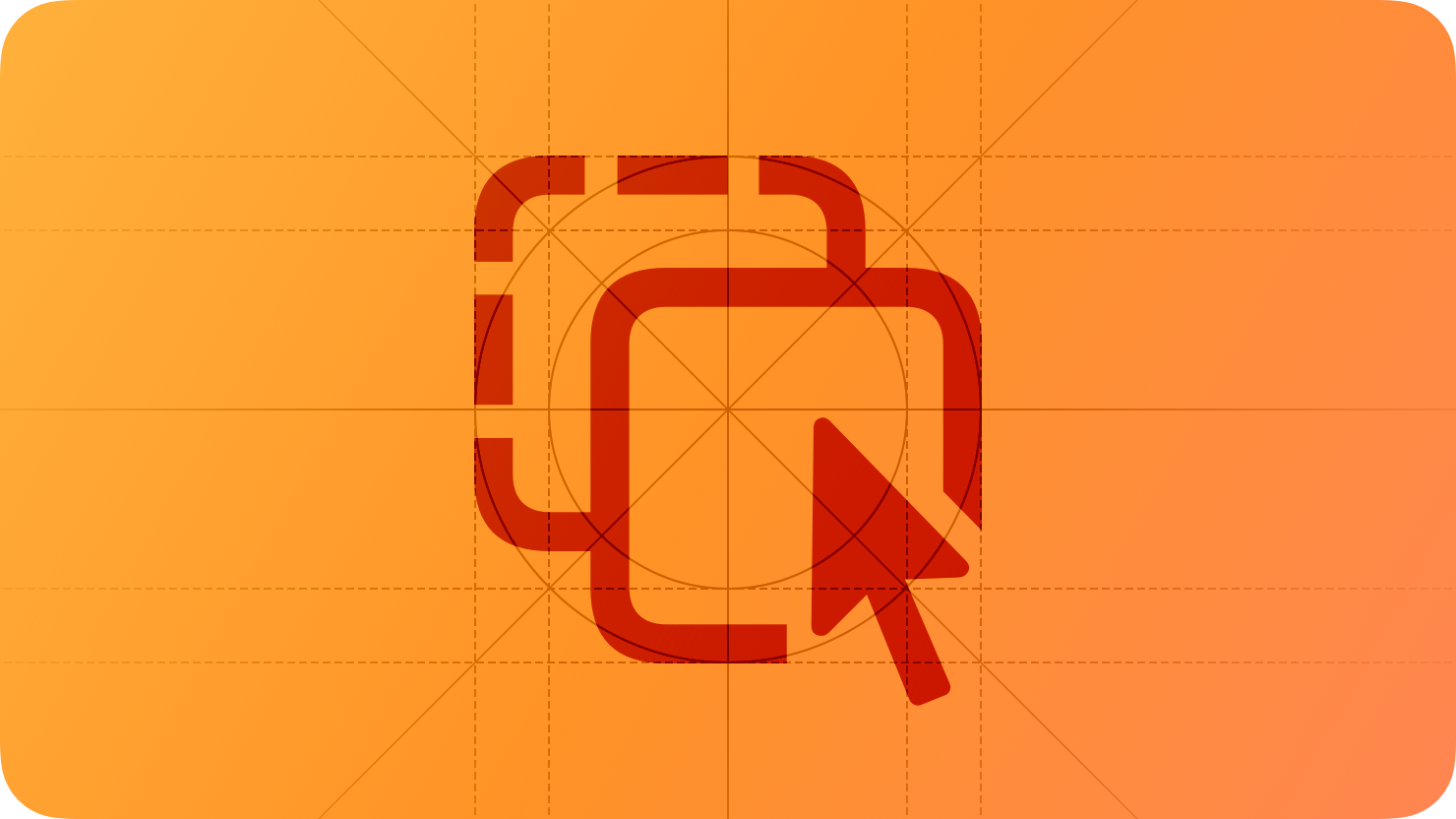 A sketch of two overlapping squares containing an arrow pointing to the upper-left, suggesting a transition to a new destination. The image is overlaid with rectangular and circular grid lines and is tinted orange to subtly reflect the orange in the original six-color Apple logo.