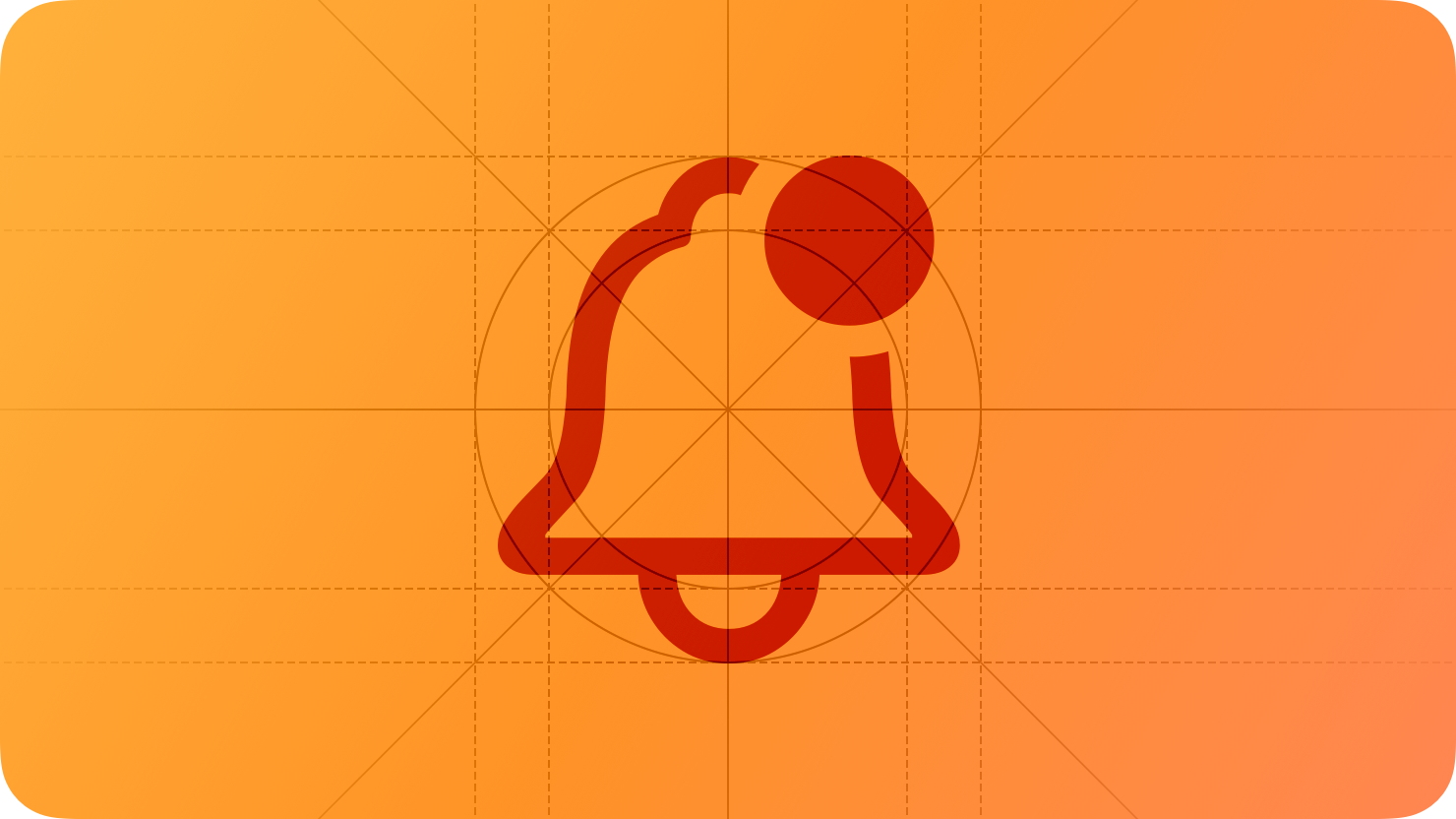 A sketch of bell with a small overlapping circle, suggesting a notification sound. The image is overlaid with rectangular and circular grid lines and is tinted orange to subtly reflect the orange in the original six-color Apple logo.