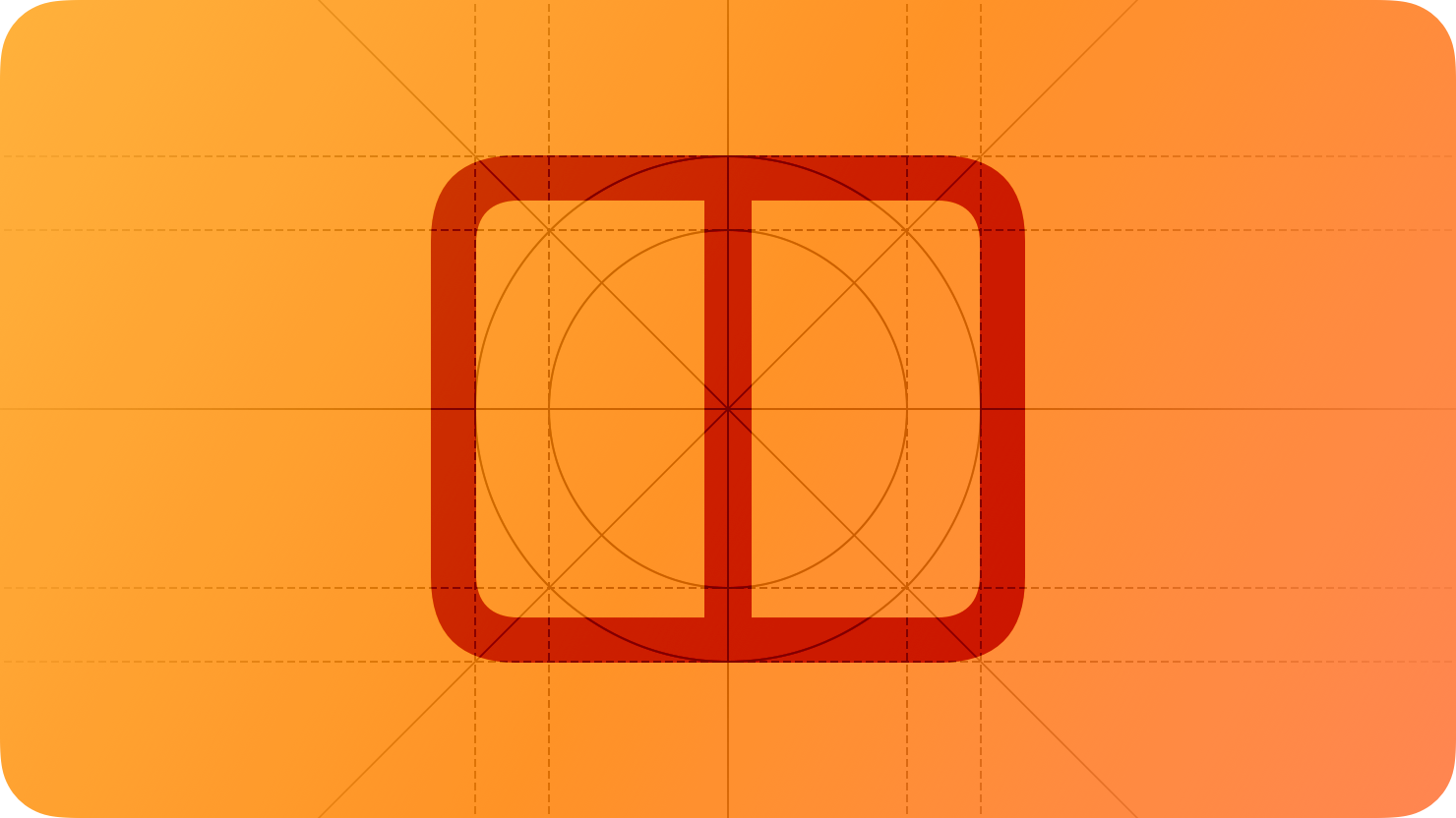 A sketch of two side-by-side windows in a split view arrangement, suggesting multitasking. The image is overlaid with rectangular and circular grid lines and is tinted orange to subtly reflect the orange in the original six-color Apple logo.