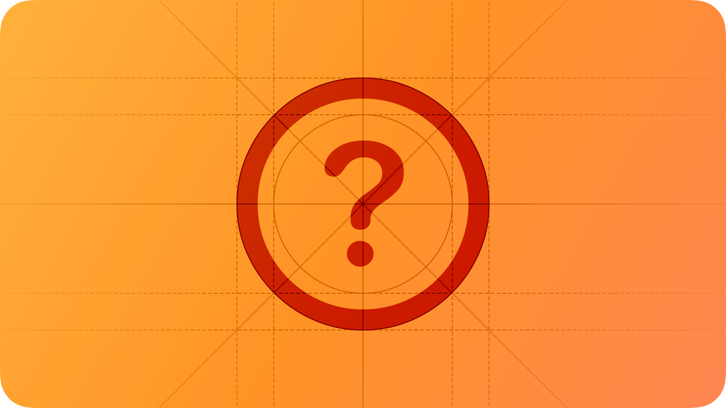 A sketch of a question mark, suggesting help is available. The image is overlaid with rectangular and circular grid lines and is tinted orange to subtly reflect the orange in the original six-color Apple logo.