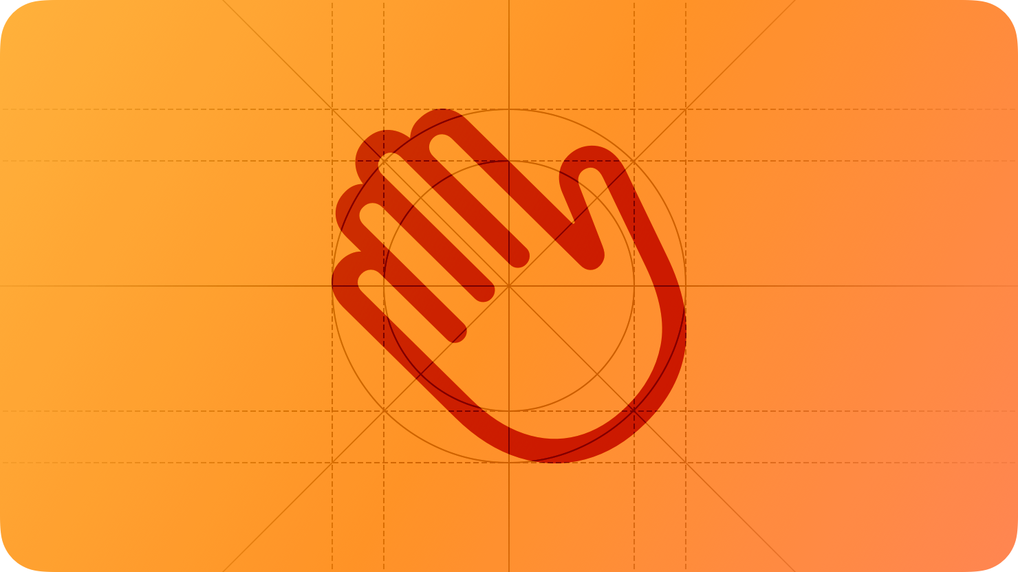 A sketch of a waving hand, suggesting a gesture of welcoming. The image is overlaid with rectangular and circular grid lines and is tinted orange to subtly reflect the orange in the original six-color Apple logo.