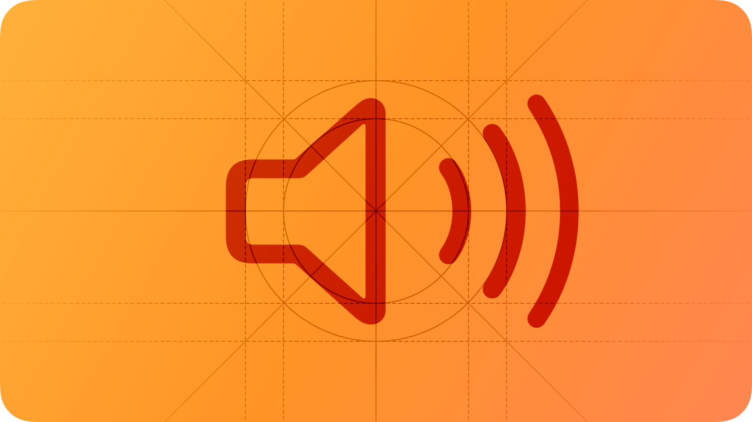 A sketch of a speaker emitting sound waves, suggesting the playback of audio. The image is overlaid with rectangular and circular grid lines and is tinted orange to subtly reflect the orange in the original six-color Apple logo.