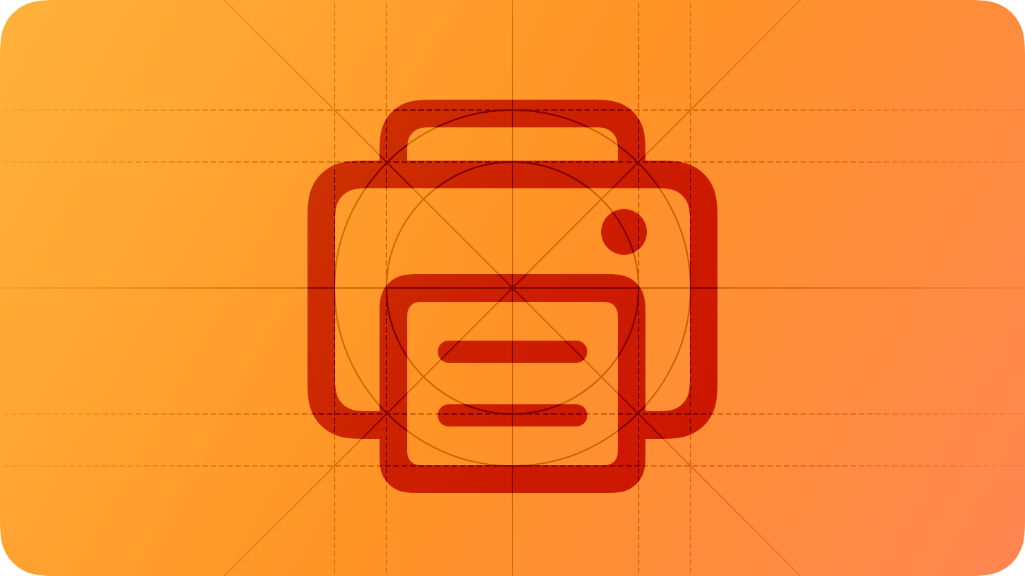 A sketch of a printer, suggesting printing. The image is overlaid with rectangular and circular grid lines and is tinted orange to subtly reflect the orange in the original six-color Apple logo.