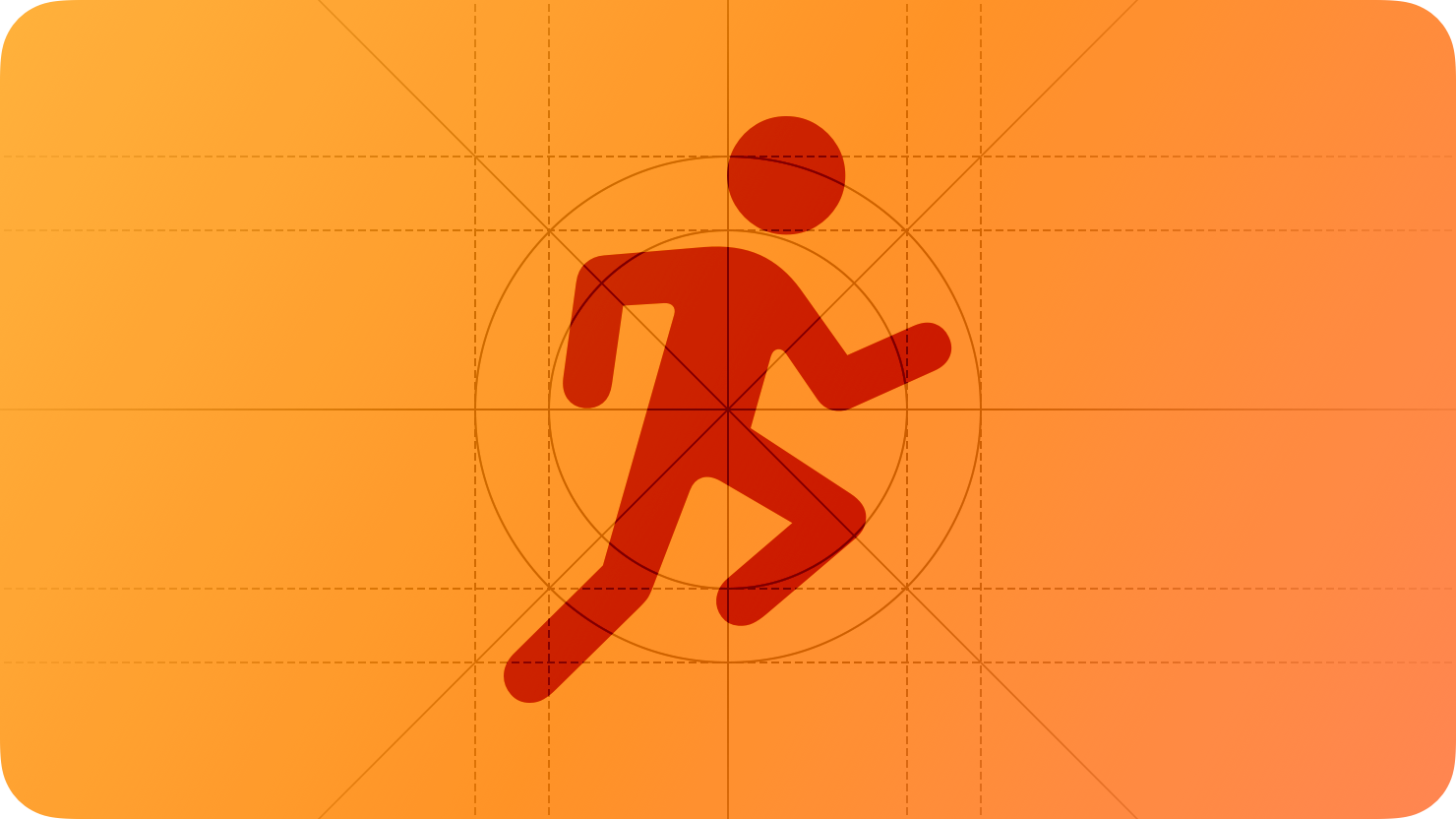 A sketch of a person running, suggesting exercise. The image is overlaid with rectangular and circular grid lines and is tinted orange to subtly reflect the orange in the original six-color Apple logo.