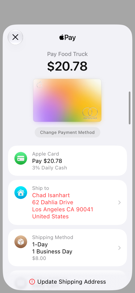 A screenshot of an in-app Apple Pay payment sheet on iPhone that shows an error with the shipping address.