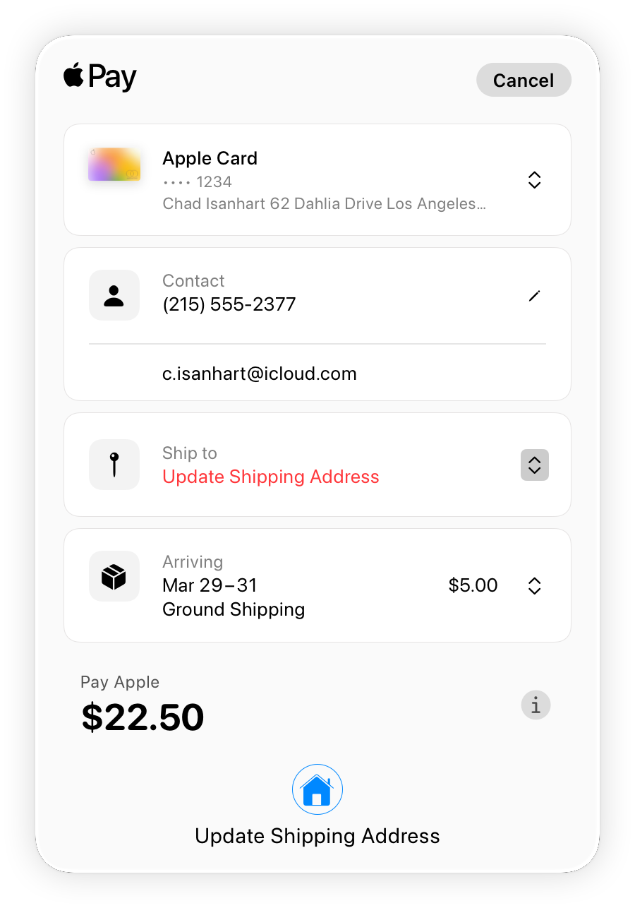 A screenshot of a webpage Apple Pay payment sheet that shows an error with the shipping address.