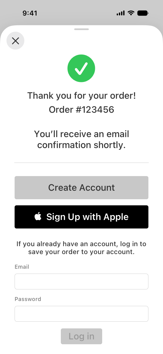An illustration of an Apple Pay order confirmation screen on iPhone. The screen contains a button for creating an account, a button for signing up with Apple, and existing account login fields.