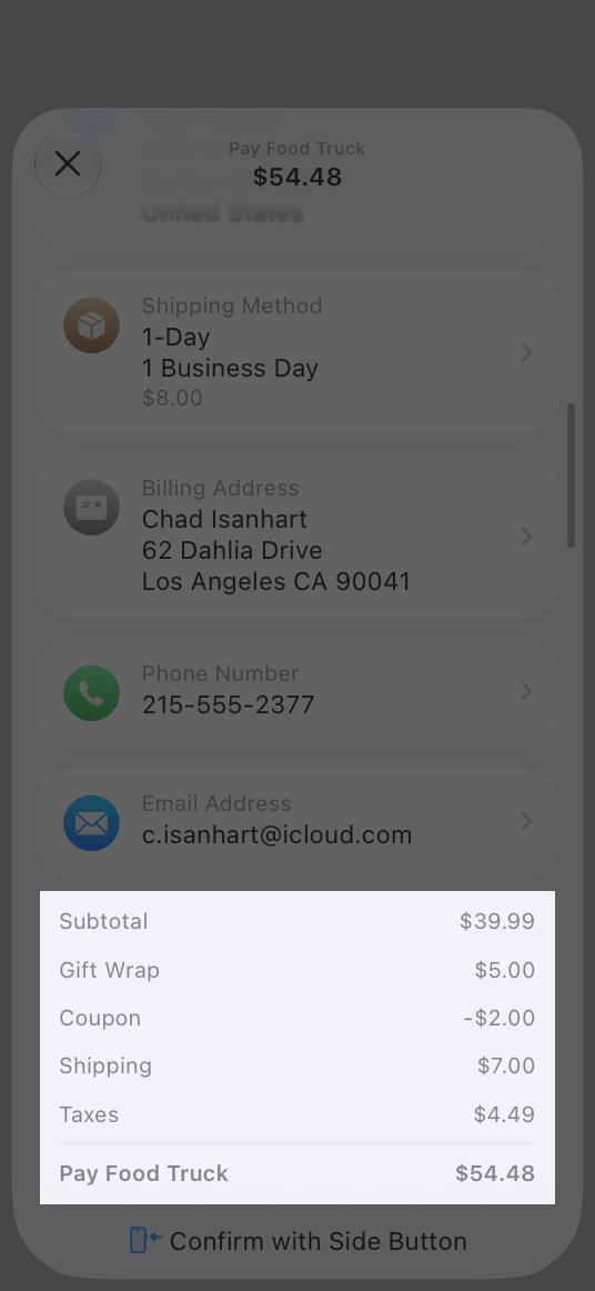 A screenshot of an in-app payment sheet that includes an additional charge for gift wrap and a credit applied for a coupon.
