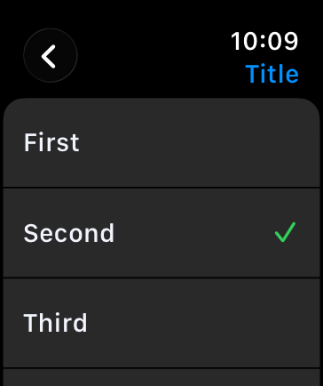 An illustration representing a screen showing a list of items on Apple Watch. The second item in the list is selected.