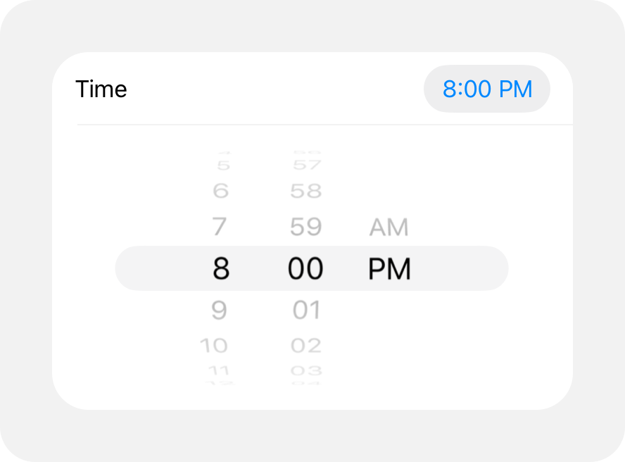 An illustration of an inline time picker, titled 'Time'. The currently selected time appears in the title row, and three vertical wheels appear below the title row for choosing the hour, minute, and AM or PM value.