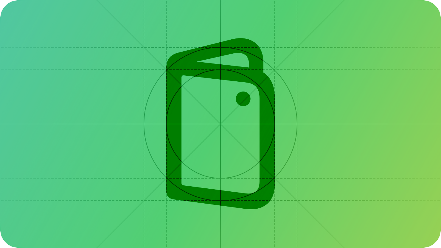 A stylized representation of an iPhone Duo frame shown on top of a grid. The image is overlaid with rectangular and circular grid lines and is tinted green to subtly reflect the green in the original six-color Apple logo.