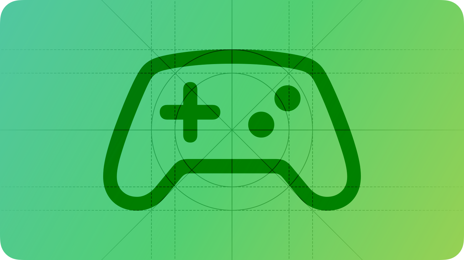 A stylized representation of a game controller shown on top of a grid. The image is overlaid with rectangular and circular grid lines and is tinted green to subtly reflect the green in the original six-color Apple logo.