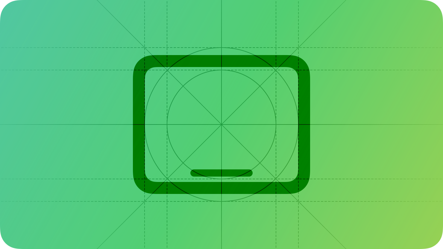 A stylized representation of an iPad frame shown on top of a grid. The image is overlaid with rectangular and circular grid lines and is tinted green to subtly reflect the green in the original six-color Apple logo.