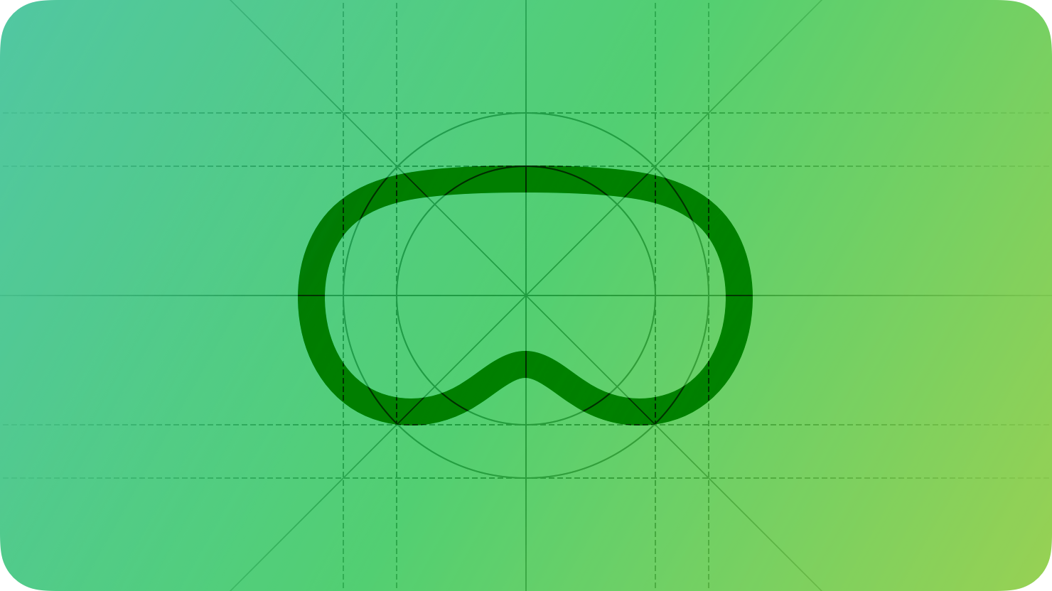 A stylized representation of Apple Vision Pro shown on top of a grid. The image is overlaid with rectangular and circular grid lines and is tinted green to subtly reflect the green in the original six-color Apple logo.
