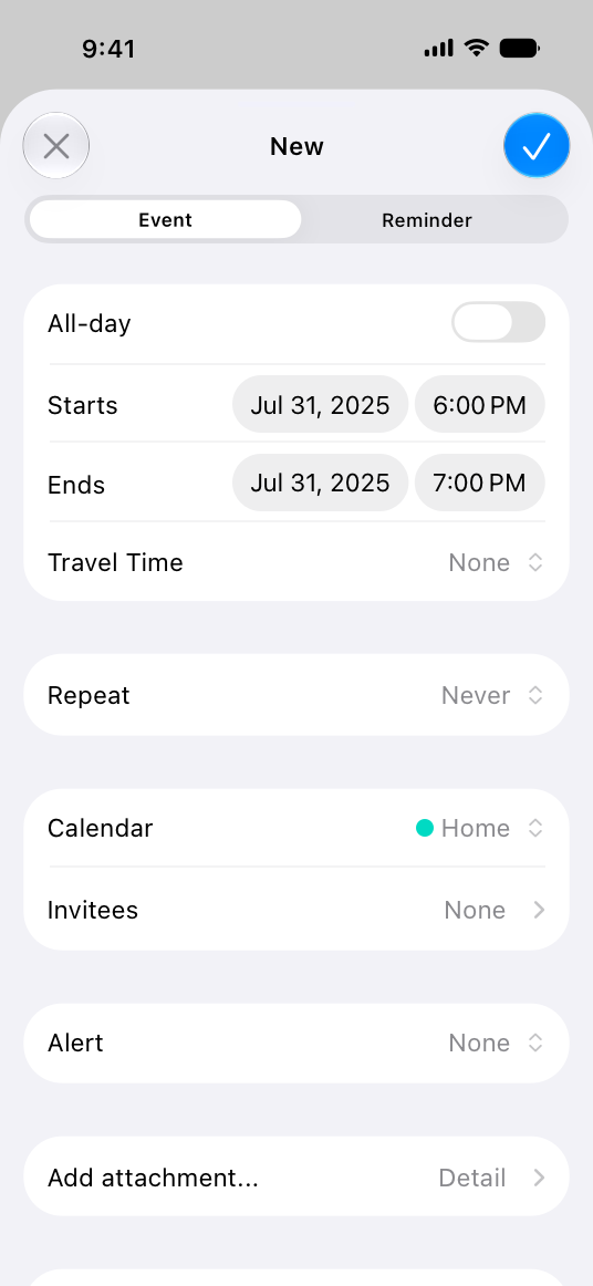 A screenshot of Calendar on iPhone, with a new calendar event open for editing. The editing screen contains controls for setting the details of the event, including its start and end dates, travel time, repeat interval, calendar, invitees, alert options, and attachments.