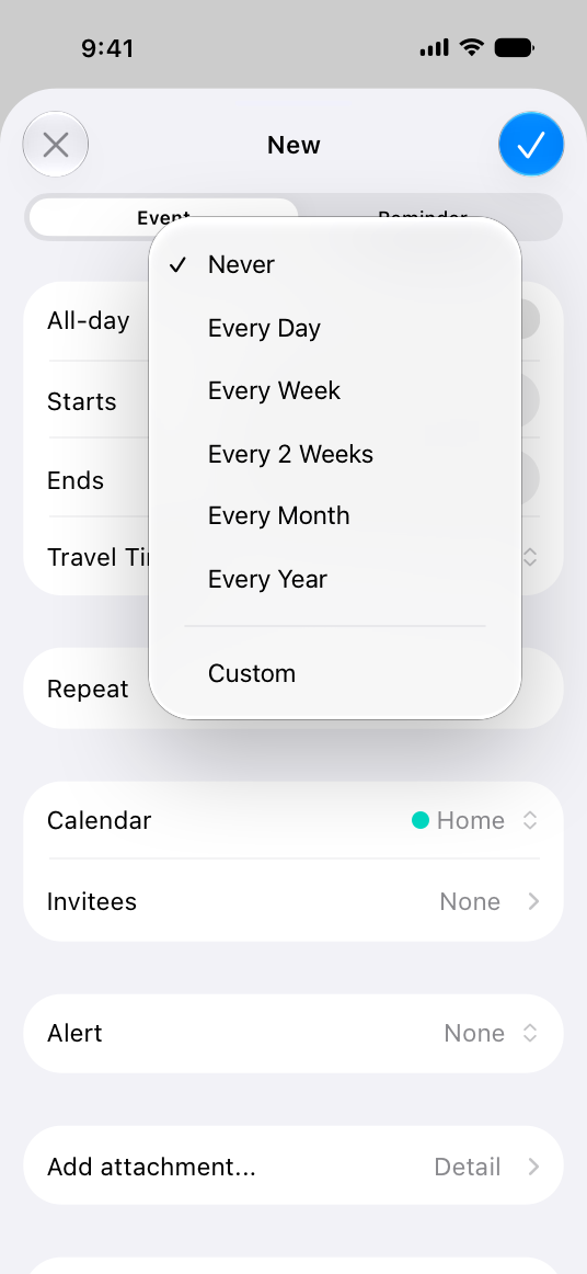 A screenshot of Calendar on iPhone, with a new calendar event open for editing. A pop-up button menu emerges from the Repeat button, with options for choosing a repeat interval from a list of preset options, or creating a custom one.